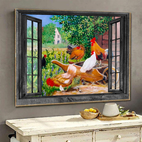 Chicken Scenery 3D Window View Canvas Wall Art Painting Lily Garden Home Decoration Gift Idea Gift Birthday Father Day Framed Prints, Canvas Paintings