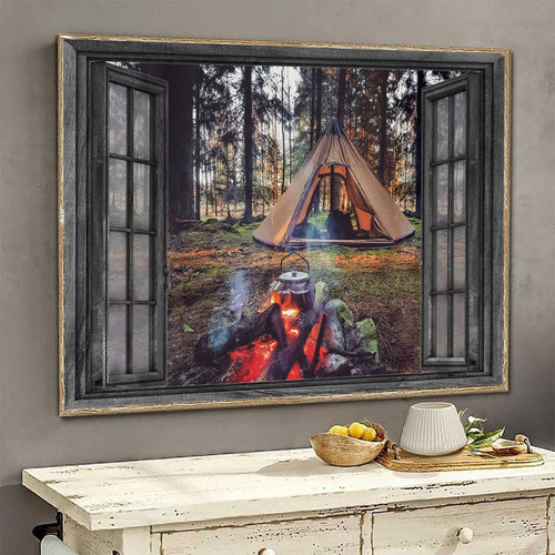 Camping 3D Window View Wall Arts Painting Prints Home Decor Campfire Ha0537-Tnt Framed Prints, Canvas Paintings