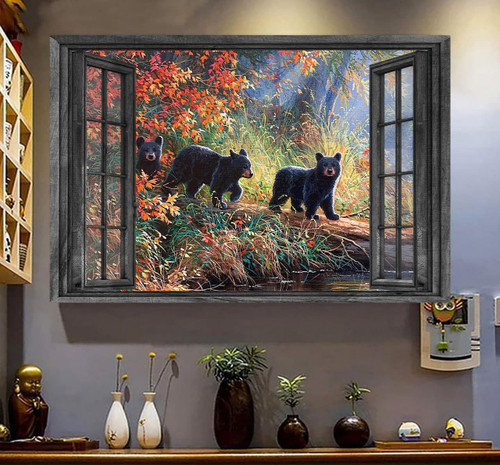Bear 3D Window View Canvas Wall Art Painting Art 3D Window View Fall In Love With Black Bear Home Decoration Gift Idea Framed Prints, Canvas Paintings