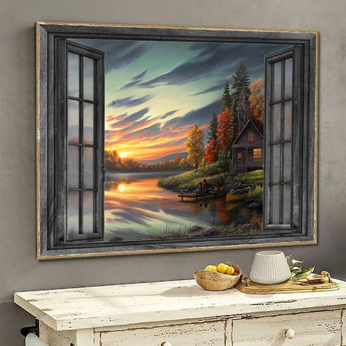 Fishing 3D Window View Canvas Wall Art Painting Decor Peaceful Sunset Fishing Lover Da0357-Tnt Framed Prints, Canvas Paintings