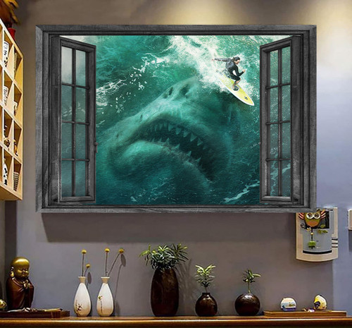 Sharks Surfing 3D Window View Canvas Wall Art Painting Art Sea Animals Home Decoration Gift Idea Easter Gift Father Day Framed Prints, Canvas Paintings