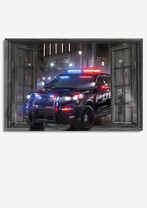 Police Wee Woo Car Vintage 3D Window View Home Decoration Gift Idea Drawing Wall Art Gift For Policeman Veteran Soldier Framed Prints, Canvas Paintings