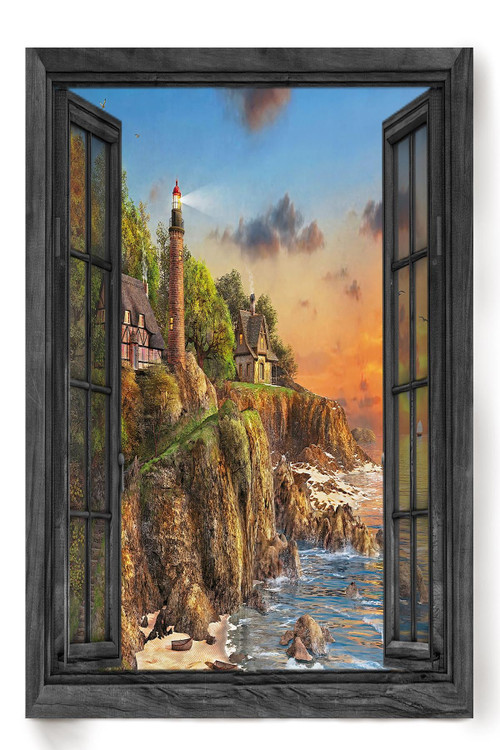 Lighthouse In Vintage 3D Window View Home Decoration Gift Idea Travelling Wall Art Gift For Tourists Souvenir 02 Wall Art Decor Framed Prints, Canvas Paintings