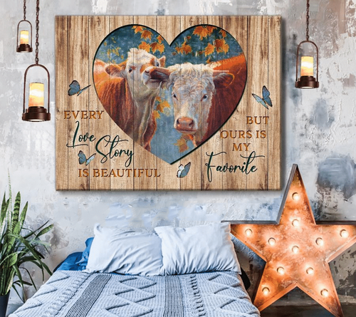 Cow, Our Love Story Is My Favorite - Housewarming Home Decor Wall Art Gift Ideas, Gift For You, Gift For Cow Lover, Gift To Love Cow Couple, Valentine Day Gift, Living Room Wall Art, Bedroom Wall Art Valentines Day For Her Framed Prints, Canvas Paintings