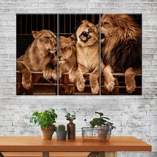 Vintage Jovial Lion Family Wild Animal Lover Multi Canvas Painting Wall Art Ideas, Multi Piece Panel Canvas Home Decor Housewarming Gift Ideas Framed Prints, Canvas Paintings