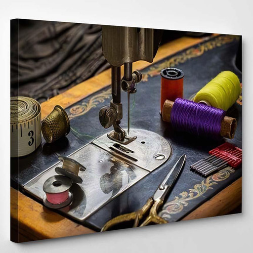 Closeup Old Sewing Machine Accessories Scissors Drum Music Premium Multi Canvas Prints, Multi Piece Panel Canvas Luxury Gallery Wall Fine Art Print