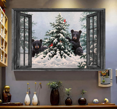 Bear 3D Window View Canvas Wall Art Painting Art 3D Window View Wild Animals Lover Bear Pine Tree Home Decoration Christmas Framed Prints, Canvas Paintings