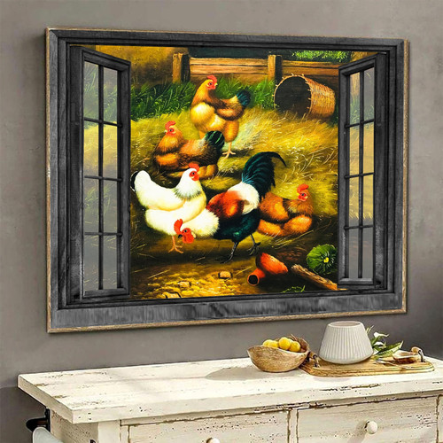 Chicken Scenery 3D Window View Canvas Wall Art Painting Art Home Decoration Gift Idea Gift Birthday Father Day Framed Prints, Canvas Paintings