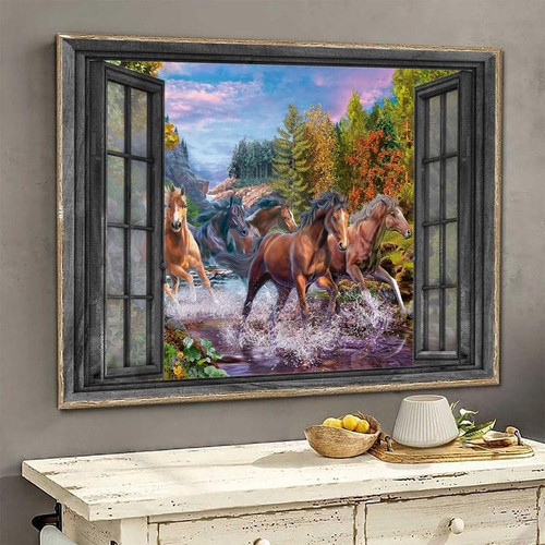 Horse 3D Window View Canvas Wall Art Painting Wall Art Decor Horse Runs Through The Forest And Streams Ha0497-Tnt Framed Prints, Canvas Paintings