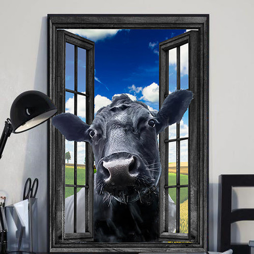 Black Angus Cow 3D Window View Canvas Wall Art Painting Prints Home Decor Bedroom Decor Bathrom Decor Framed Prints, Canvas Paintings