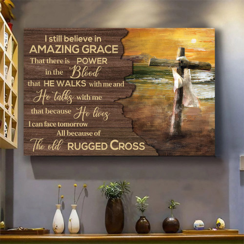Sunset On The Beach Wooden Cross I Still Believe In Amazing Grace - Matte Wall Art Gallery Canvas Painting, Canvas Hanging Home Decor Gift Idea Framed Prints, Canvas Paintings