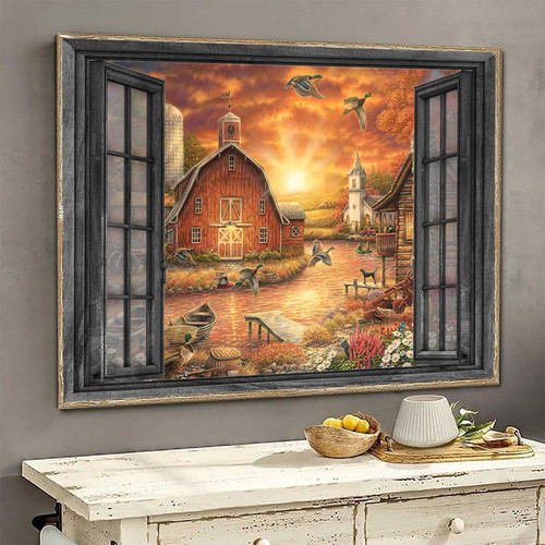 Mallard Sunset 3D Window View Wall Arts Painting Prints Home Decor Peaceful Village Ha0524-Tnt Framed Prints, Canvas Paintings