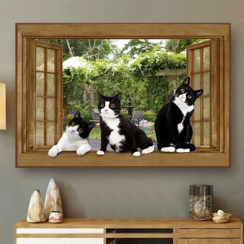Tuxedo Cat 3D Window View Canvas Wall Art Painting Art Wall Decor Cats Lover Framed Prints, Canvas Paintings