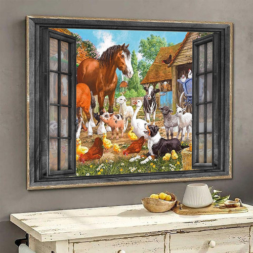 Farm 3D Window View Canvas Wall Art Painting Wall Art Decor Horse Pig Daisy Cow Goat Border Collie Chicken Ha0362-Ptd Framed Prints, Canvas Paintings