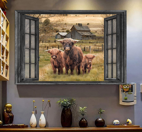 Highland 3D Window View Canvas Wall Art Painting Art Farm Animals Home Decoration Gift For Friend Framed Prints, Canvas Paintings