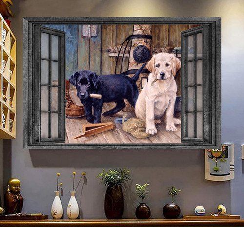 Labrador Puppies Wall Art 3D Window View Painting Art Dog Lovers Home Decoration Gift Idea Framed Prints, Canvas Paintings