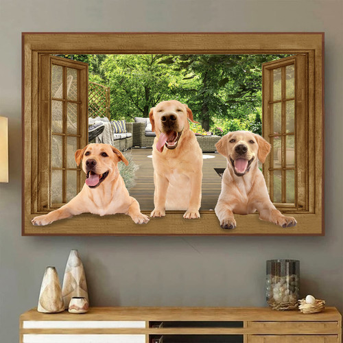 Funny Yellow Labrador Wall Art 3D Window View Opend Window Home Decor Gift Dogs Lover Framed Prints, Canvas Paintings