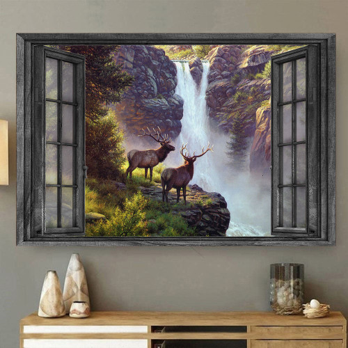 Deer Mule 3D Window View  Waterfall Hunting Lover Da0408-Tnt Framed Prints, Canvas Paintings