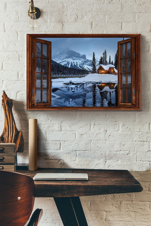 Vintage 3D Window View Home Decoration Gift Idea Lake Village Winter Wall Art Decor Framed Prints, Canvas Paintings