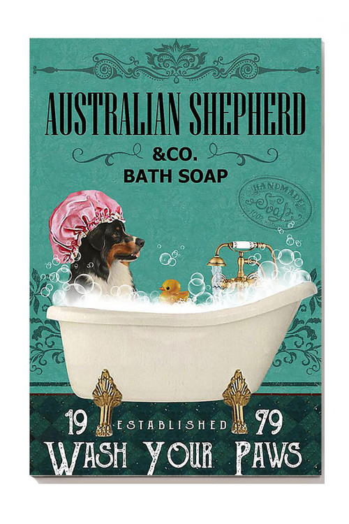 Australian Shepherd Bath Soap Wash Your Paws Wall Art For Dog Lover Bathroom Decor2 Canvas Gallery Painting Wrapped Canvas Framed Gift Idea Framed Prints, Canvas Paintings
