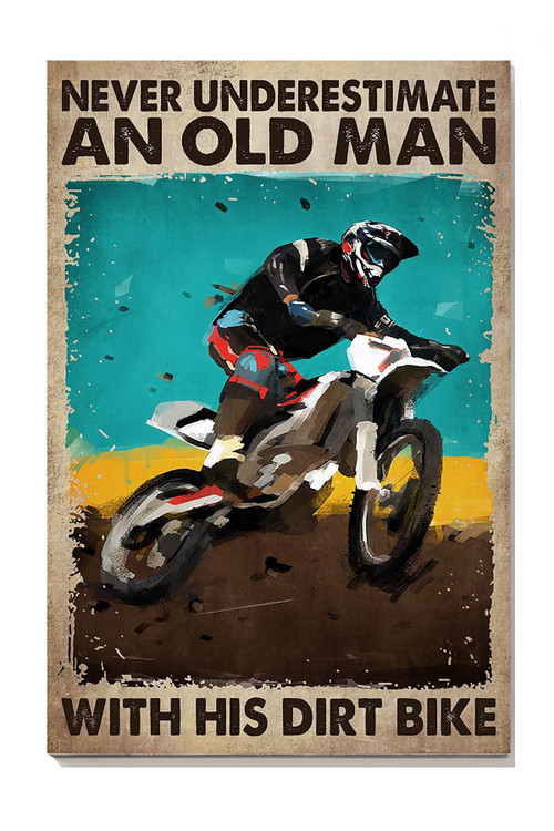 Old Man With Dirt Bike For Garage Decor Motobike Retro Print Rider Canvas