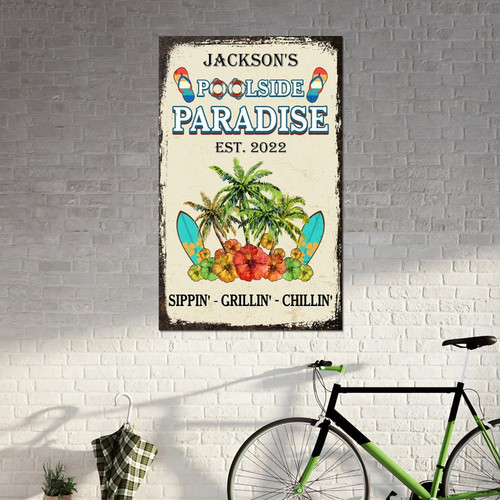 Personalized Family Pool Side Metal Sign, Custom Swimming Pool Decor Welcome to Poolside Paradise Family Pool Sign Sippin' Grillin' Chillin
