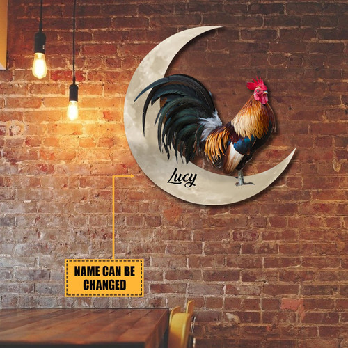 Rooster Chicken And Moon Funny Personalized Cut Metal Sign, Custom Christmas Gift Wall Decoration For Farmer Laser Cut Metal Signs Custom Gift Ideas