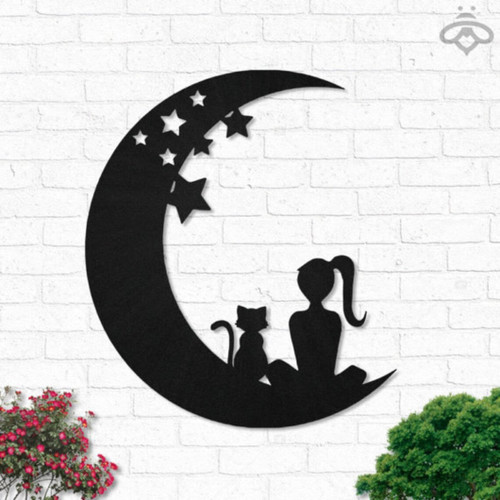 Cute Cat And A Girl On Star Moon For Cat Lovers Wall Art Decor Cut Metal Sign Laser Cut Metal Signs Custom Gift Ideas