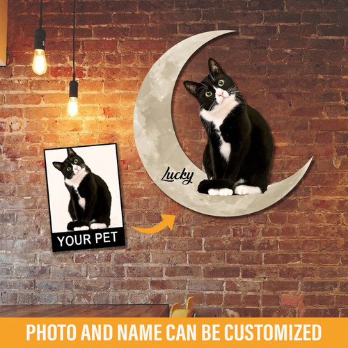 Tuxedo Cat And Moon Funny Personalized Photo And Name Cut Metal Sign, Custom Christmas Gift Wall Decoration For Cat Lovers Laser Cut Metal Signs Custom Gift Ideas