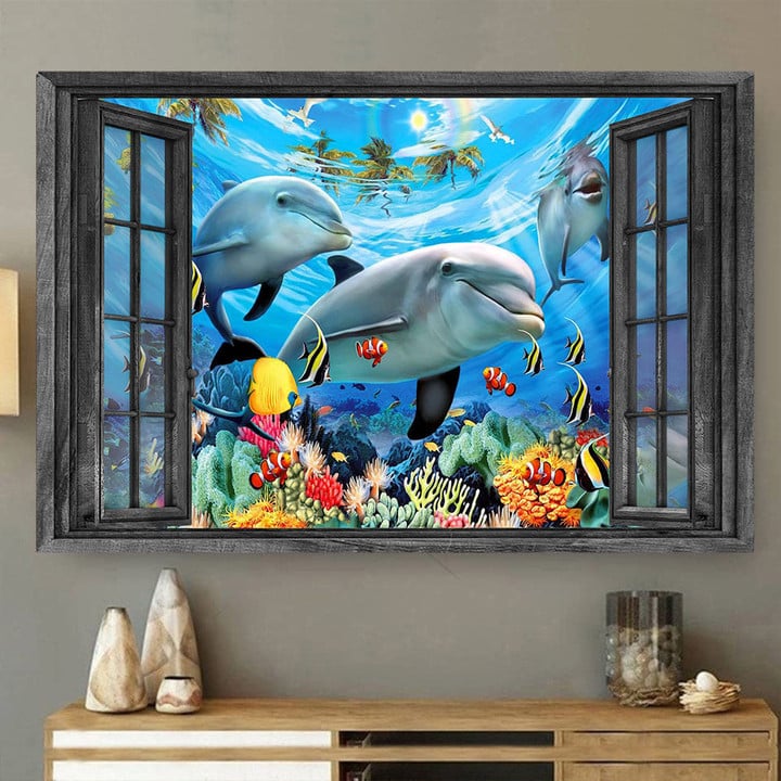 Dolphin 3D Window View Canvas Painting Art Living Decor Nemo Clownfish Gift Framed Prints, Canvas Paintings Wrapped Canvas 8x10