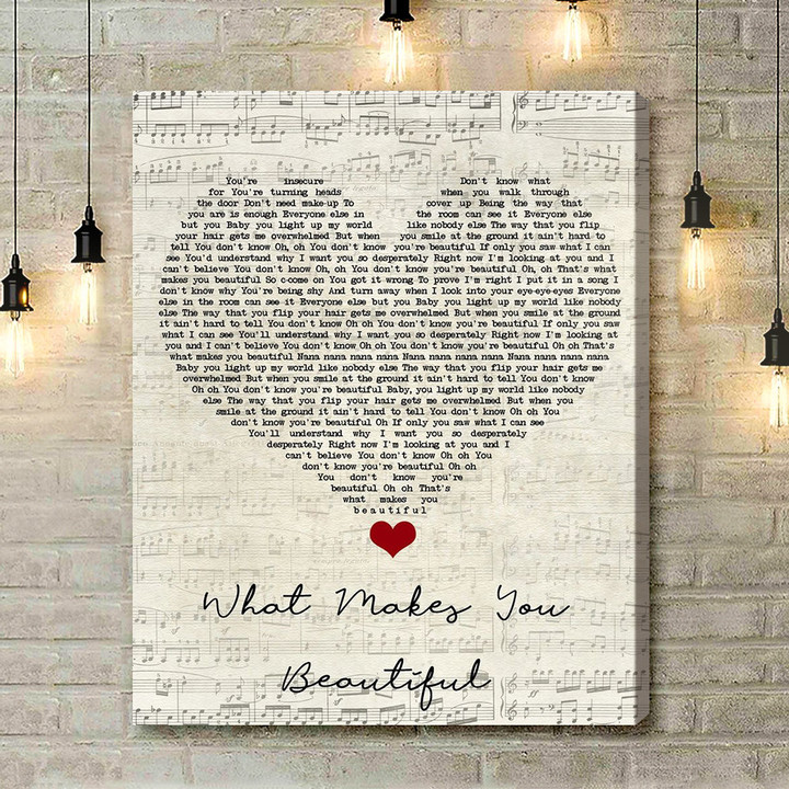 One Direction What Makes You Beautiful Script Heart Song Lyric Quote Music Art Print - Canvas Print Wall Art Home Decor