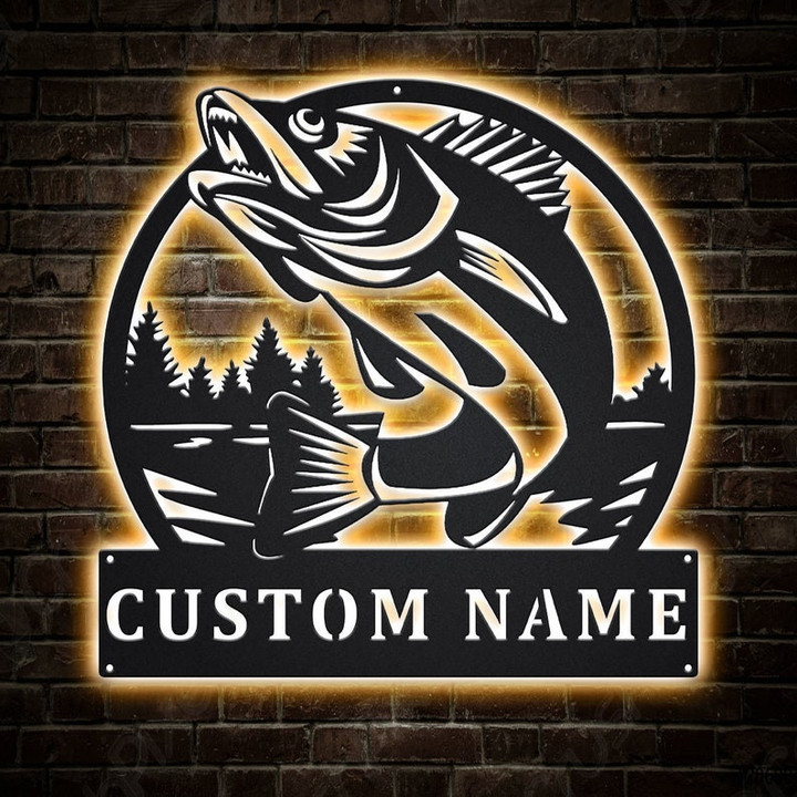 Personalized Walleye Fishing Monogram Metal Sign With LED Lights Custom Walleye FishingMetal Sign Hobbie Gifts Birthday Gift