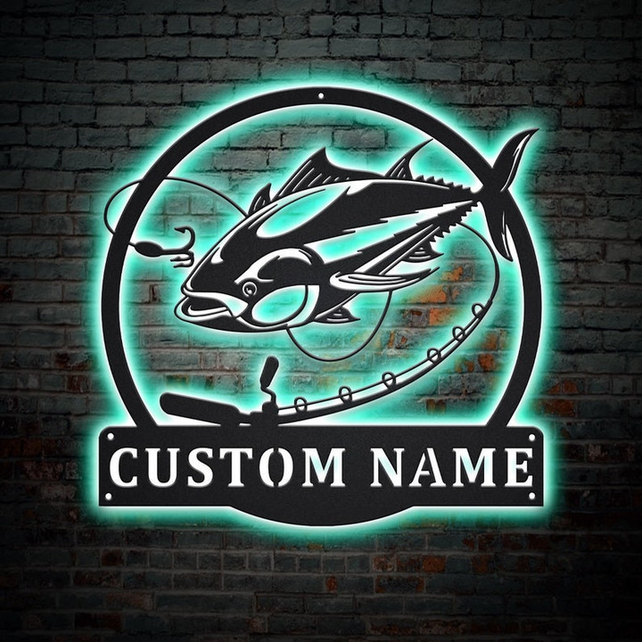 Personalized Tuna Fishing Fish Pole Monogram Metal Sign With LED Lights Custom Tuna Fishing Metal Sign Fishing Gifts