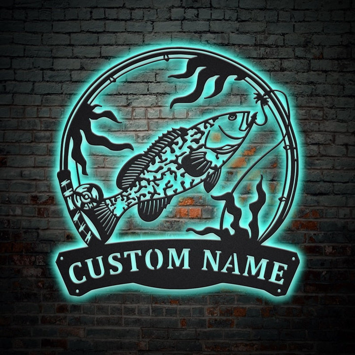 Personalized Grouper Fishing Fish Pole Monogram Metal Sign With LED Lights Custom Grouper Fishing Metal Sign Fishing Gifts