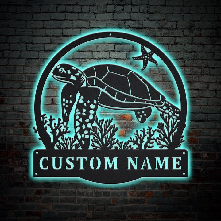 Personalized Sea Turtle Monogram Metal Sign With LED Lights Custom Sea Turtle Metal Sign Birthday Gift Sea Turtle Gift