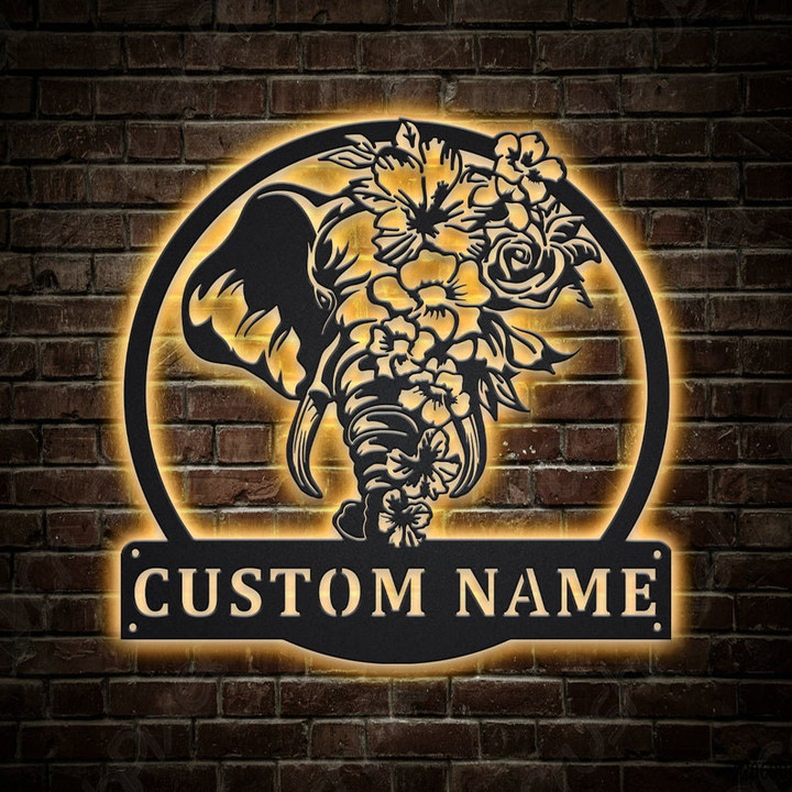 Personalized Elephant Floral Metal Sign With LED Lights Custom Elephant Floral Metal Sign Birthday Gift Elephant Floral Sign