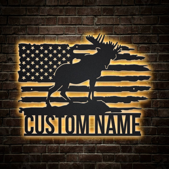 Personalized US Moose Metal Sign With LED Lights v2 Custom US Moose Metal Sign Moose Hunting Home Decor