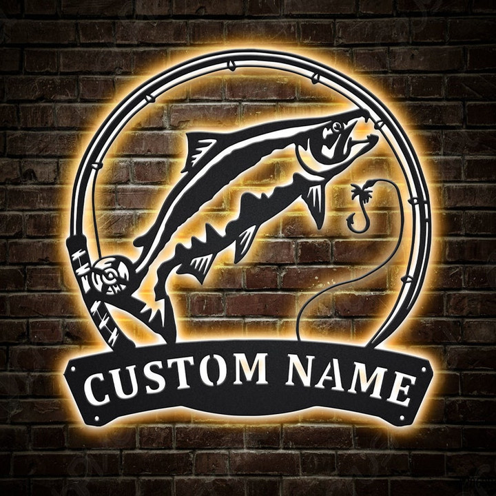 Personalized Chinook Salmon Fish Pole Monogram Metal Sign With LED Lights Custom Chinook Salmon Fishing Metal Sign Fishing Gifts