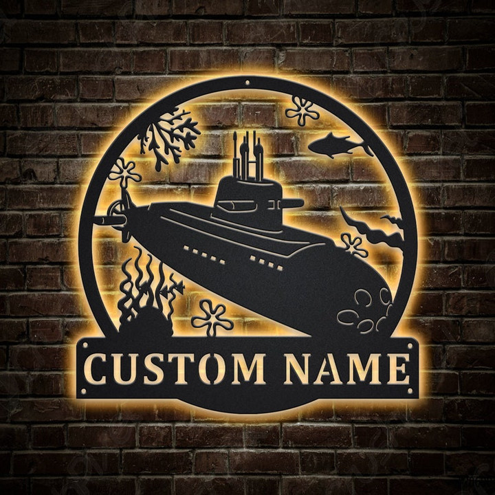 Personalized Submarine Monogram Metal Sign With LED Lights Custom Submarine Metal Sign Birthday Gift Submarine Sign