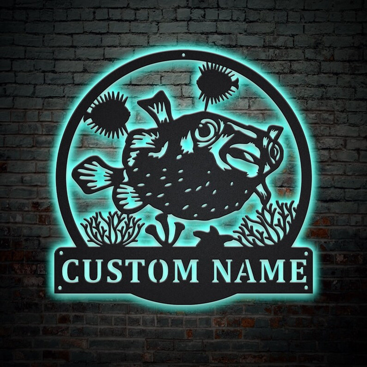 Personalized Porcupinefish Metal Sign With LED Lights Custom Porcupinefish Metal Sign Fishing Gifts