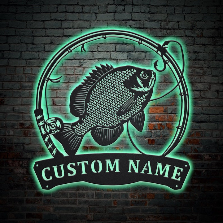Personalized Bluegill Fishing Fish Pole Monogram Metal Sign With LED Lights Custom Bluegill Fishing Metal Sign Hobbie Gifts