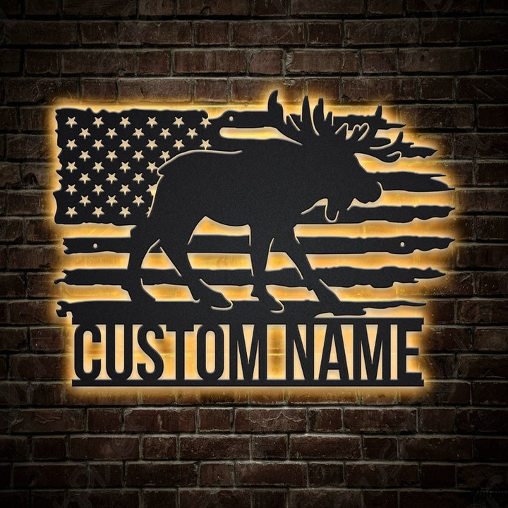 Personalized US Moose Metal Sign With LED Lights v3 Custom US Moose Metal Sign Moose Hunting Home Decor