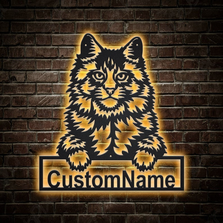 Personalized Main Coon Cat Metal Sign With LED Lights v2 Custom Main Coon Cat Metal Sign Birthday Gift Cat Sign