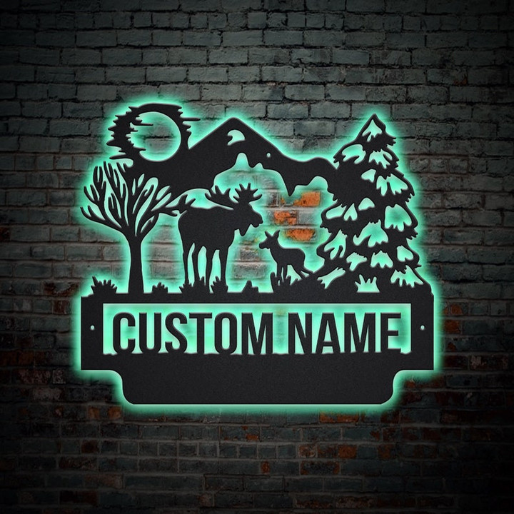 Personalized Moose Family Metal Sign With LED Lights Custom Moose Family Metal Sign Moose Gifts