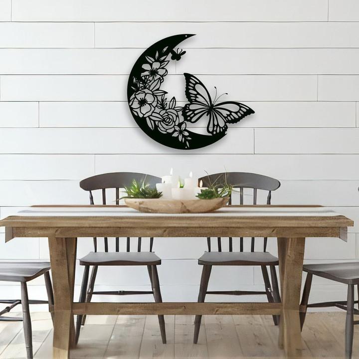 Butterfly Moon Metal Sign, Living Room Sign, Floral Moon Sign Housewarming Gift, Gift For Lover, Anniversary Gift, House Decor