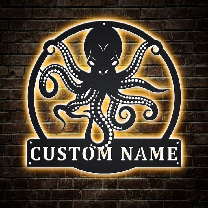 Personalized Octopus Monogram Metal Sign With LED Lights Custom Octopus Metal Sign Hobbie Gifts Birthday Gift Octopus Sign