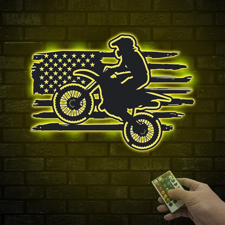 Personalized US Flag Biker Metal Sign With LED Light Custom Dirt Bike Wall Art For Decor Father's Day Gift Birthday Gift Gift For Him
