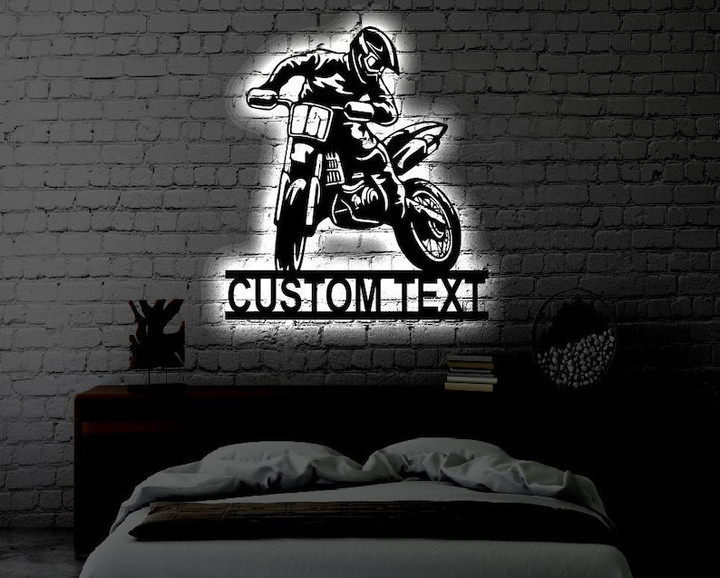 Personalized Dirtbike LED Metal Art Sign Light up Motorbike Name Metal Sign Multi Color Motorcycle Art Metal Dirt Bike Wall Art