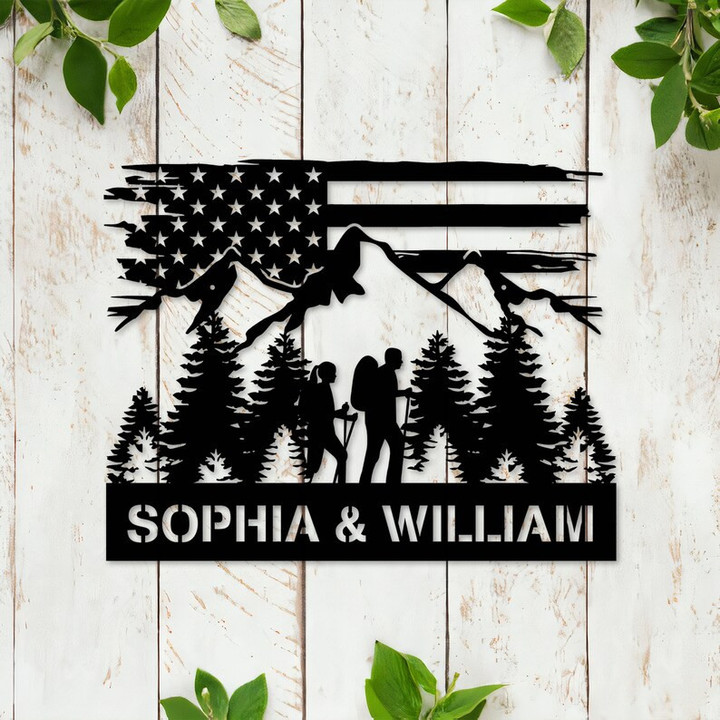 Personalized Couple Metal Sign With Lights Hiking Sign Hiking Couple Anniversary Gift Newly Engaged Gift Camping Lover American Flag