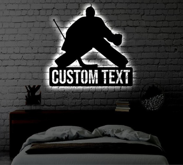 Personalized Hockey LED Metal Art Sign Light up Hockey Goalie Name Metal Sign Multi Color Hockey Art Metal Hockey Wall Art
